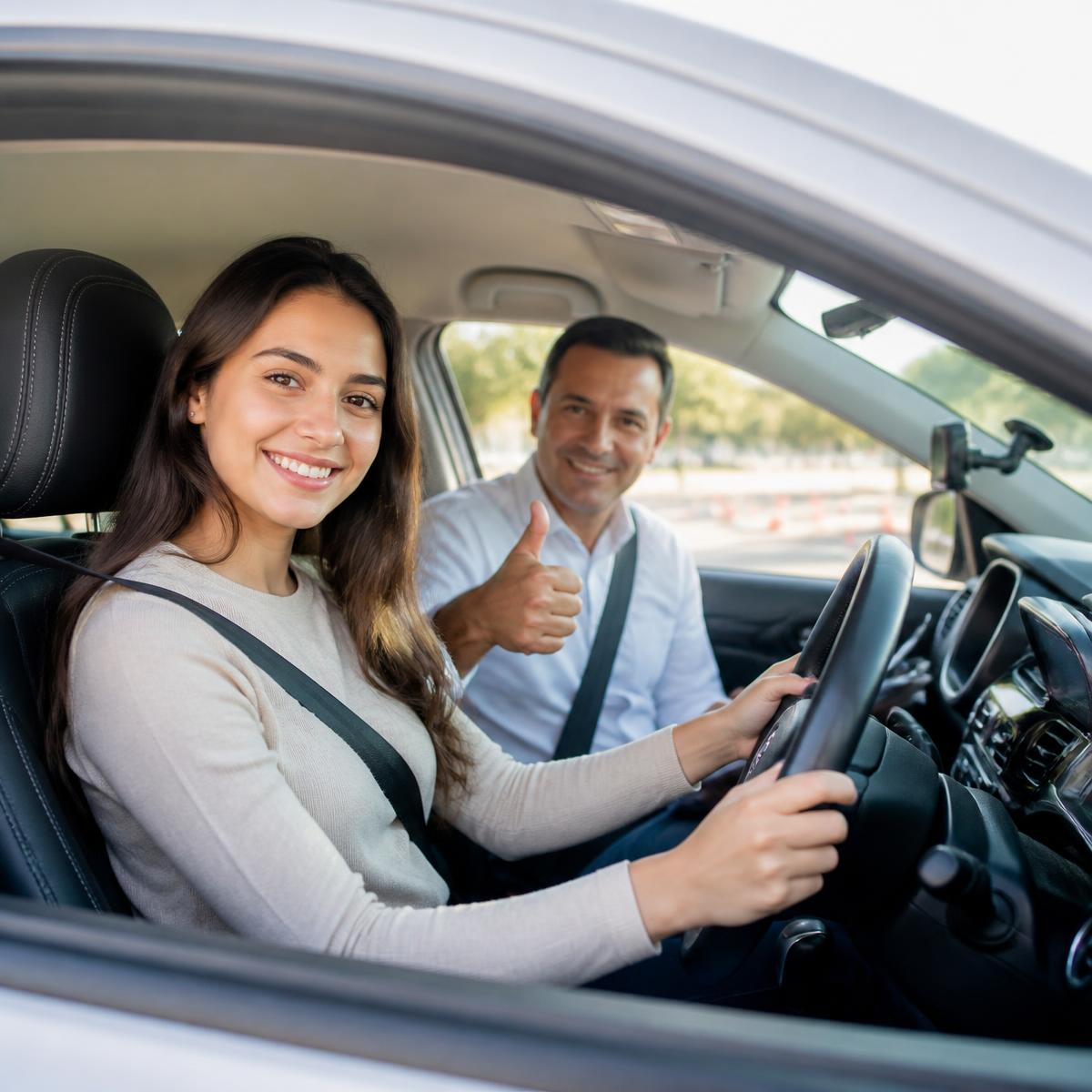 Aluna sorrindo ao volante ao lado do instrutor da Auto Escola Modelo